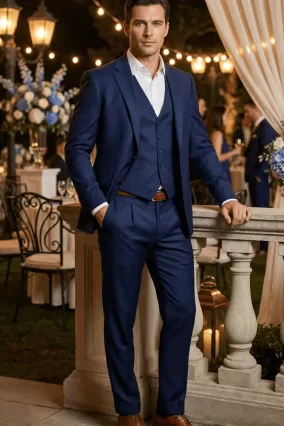 Navy Blue Wool Blend Slim-Fit Pleated Dress Pants