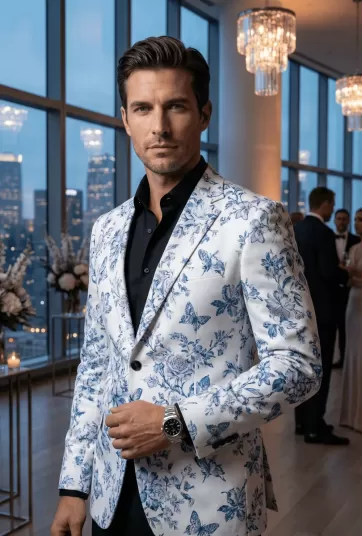 White Floral Twill Two-Button Blazer-2