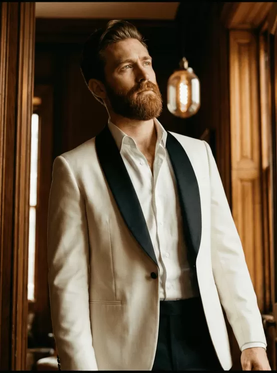 Custom white tuxedo with black lapel