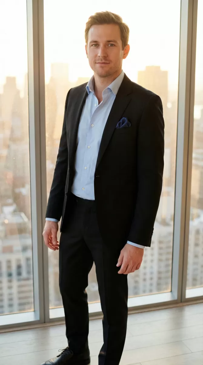 Black suit and light blue shirt-S3-02 Black suit and light blue shirt: Fresh professionalism