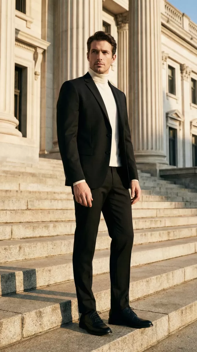 Complete black suit outfit ideas - Beyond shirt and tie-S5-01 Black suit with turtleneck - Milanese elegance-S5-01