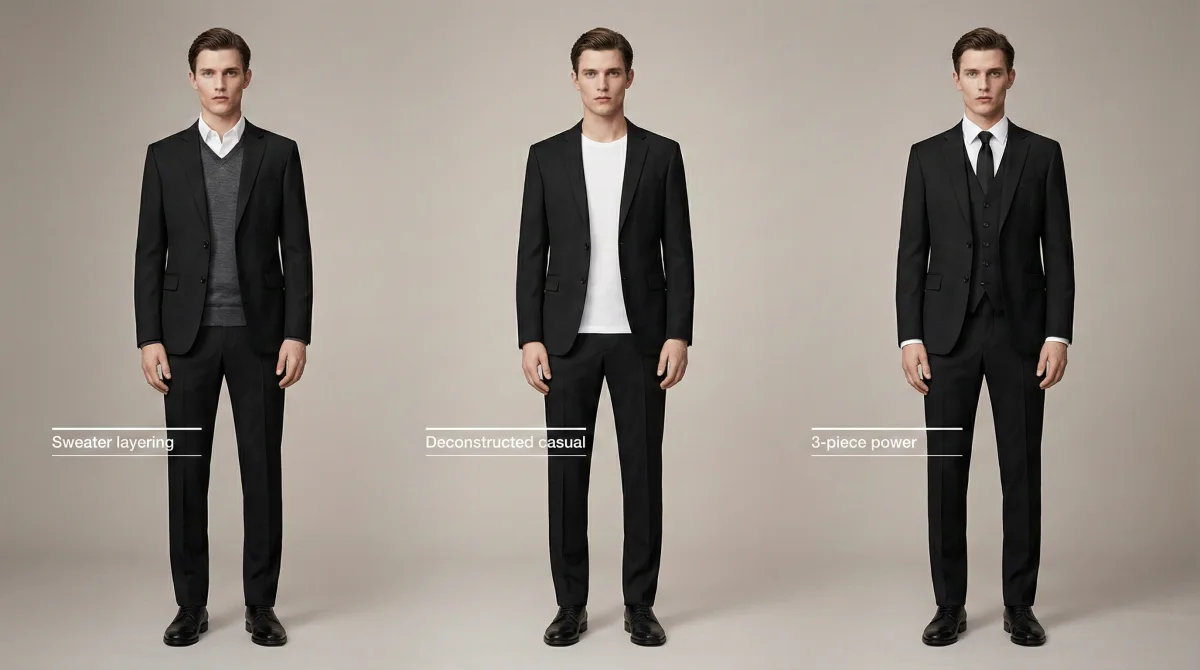 Complete black suit outfit ideas-S5-02 Black suit with sweater - Cosy business casual-S5-02