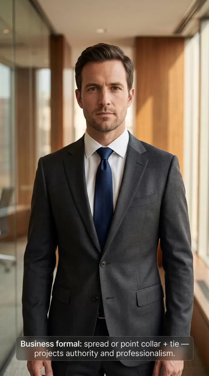 Business formal: interviews, boardroom, corporate settings