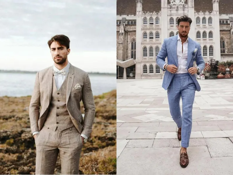 Brown 3 Piece Linen Suits (left) & Linen Suit 2 Piece Vintage Beach Summer Wedding Suits (right).webp
