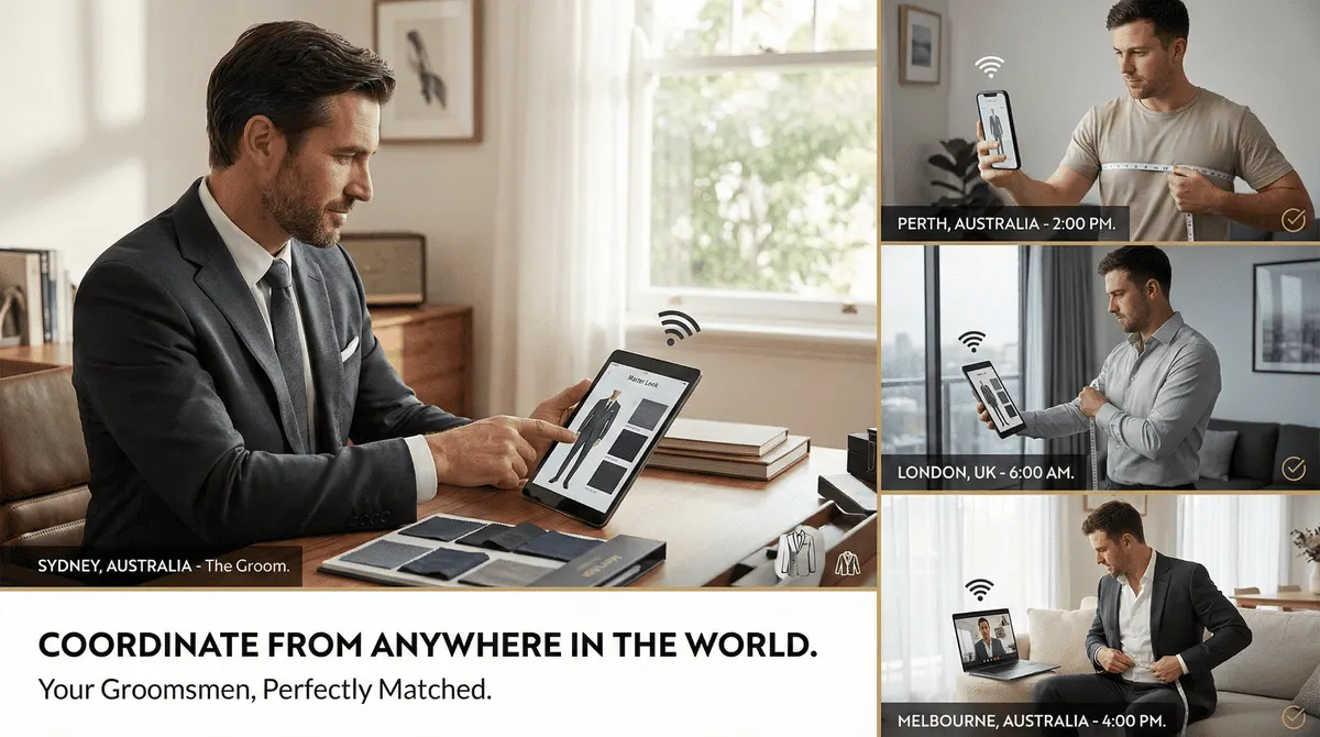 mens wedding suits My groomsmen live in different states or overseas. How can we coordinate their suits