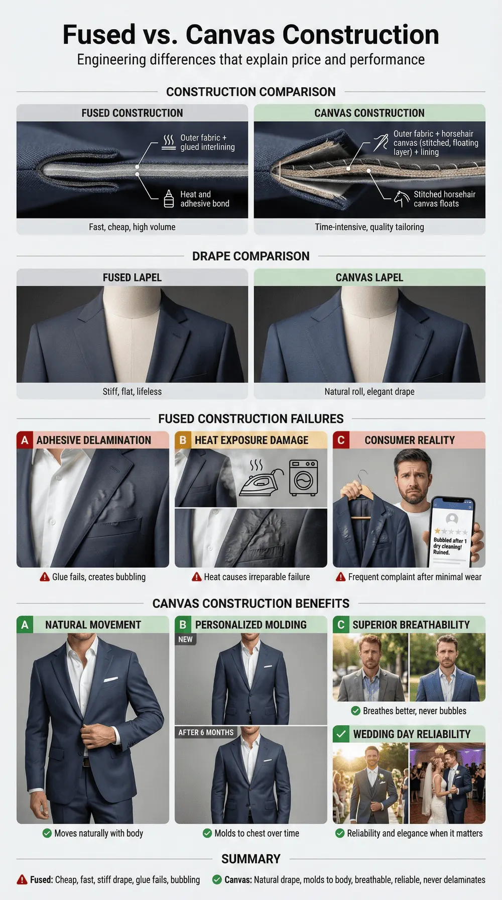 fast fashion brand have wedding suits Fused versus canvas construction