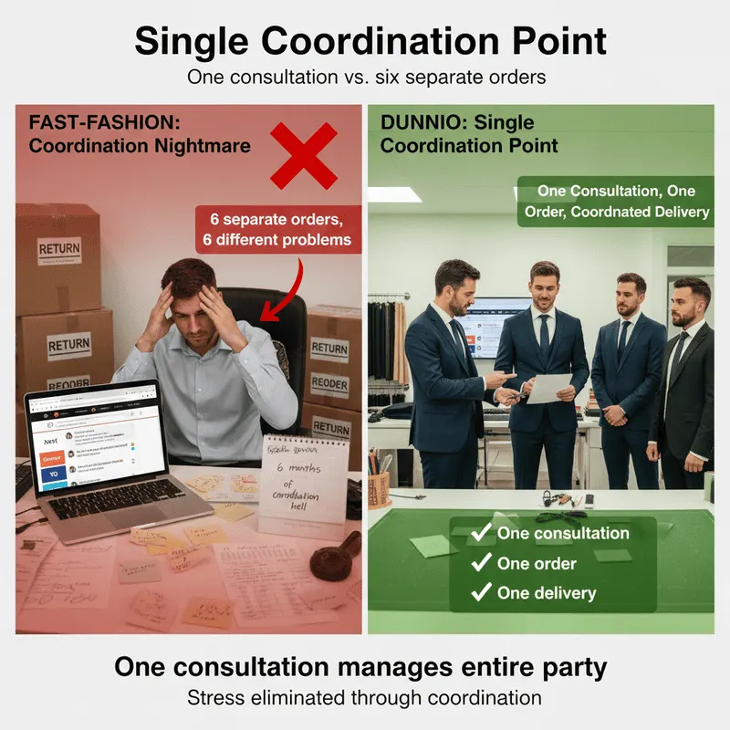 How Dunnio tailor's bespoke approach eliminates the pain points of off-the-rack suits Benefit - Single Coordination Point vs. Six Separate Order