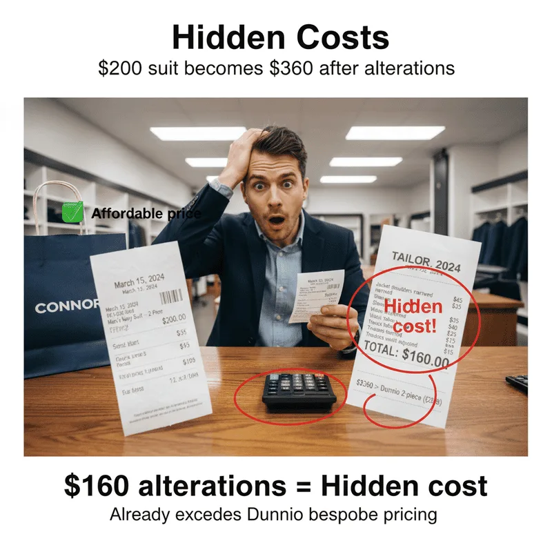How Dunnio tailor's bespoke approach eliminates the pain points of off-the-rack suits Hidden Costs - 200 Suit Becomes 360 After Alterations