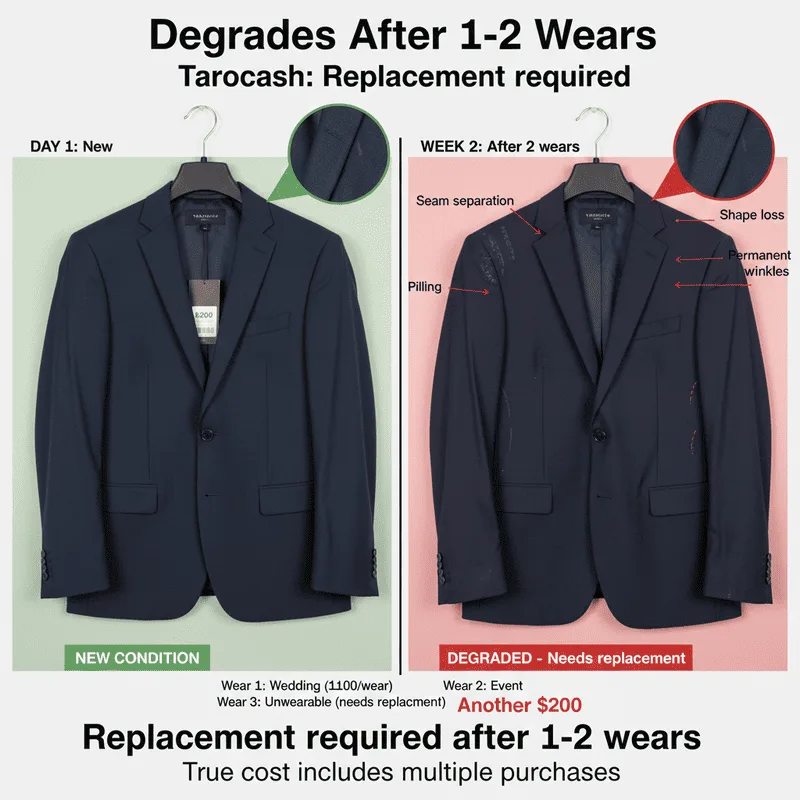 How Dunnio tailor's bespoke approach eliminates the pain points of off-the-rack suits Fast-Fashion Degradation - Tarocash Suit After 1-2 Wears