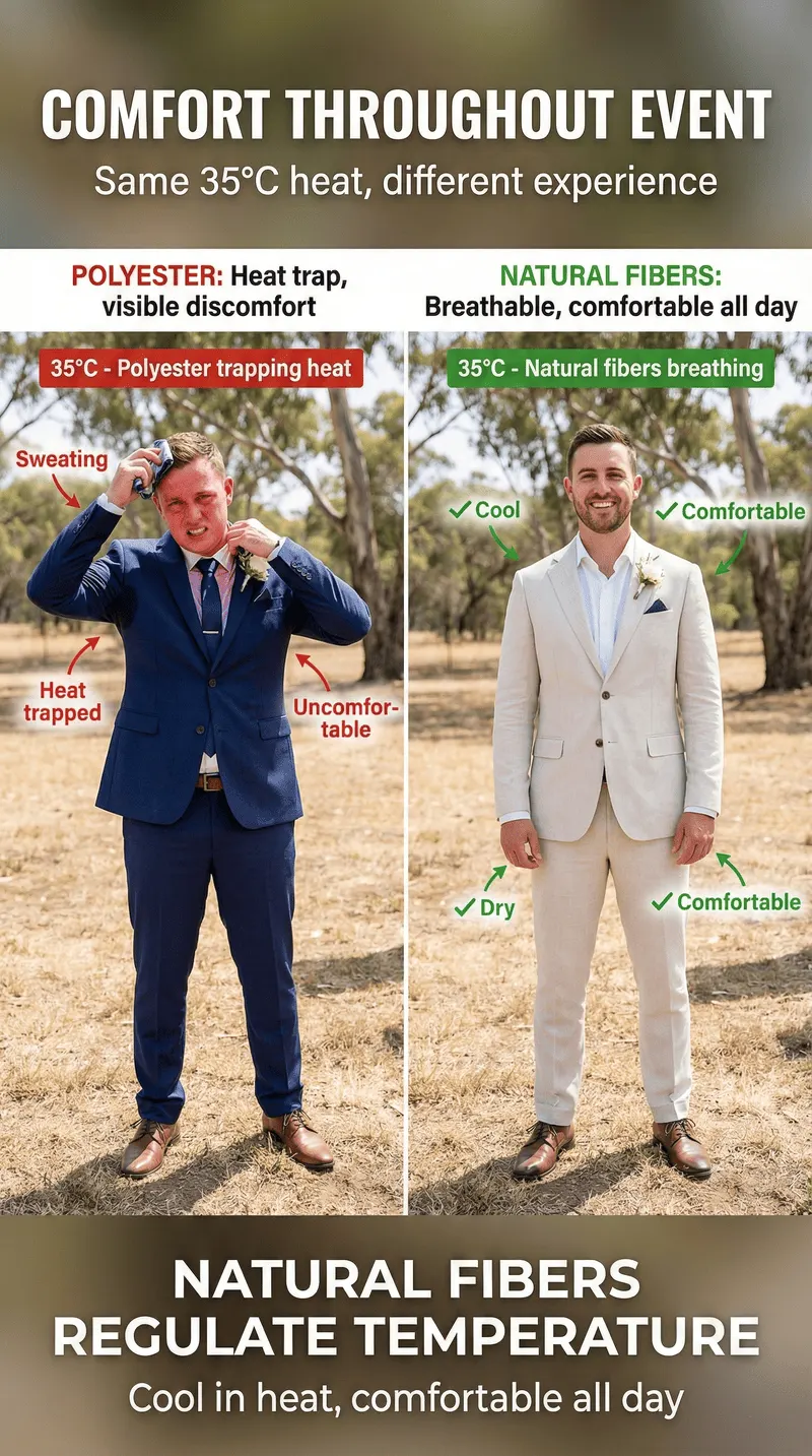 How Dunnio tailor's bespoke approach eliminates the pain points of off-the-rack suits Benefit - Comfort Throughout Event - Polyester vs. Natural Fibers
