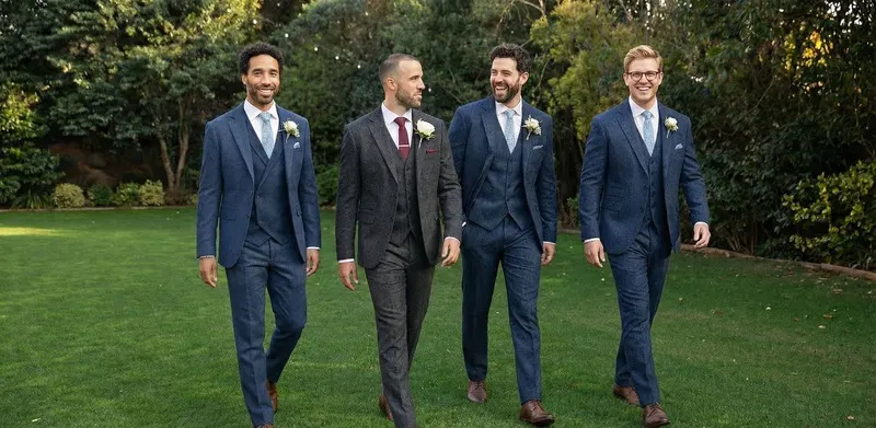 4. Groom suits, Groomsmen suits and Guest suits The reflextion amongs groom suits, groomsmen, guest suits.